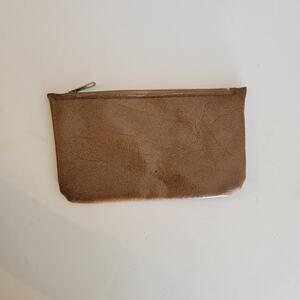 Vintage Brown Leather Zip Pouch Clutch Slim Minimalist Makeup Bag Wallet Case